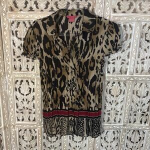 Sunny Leigh Multi Animal Print Button Front Cap Sleeve Blouse Top Neck Ruffle-M